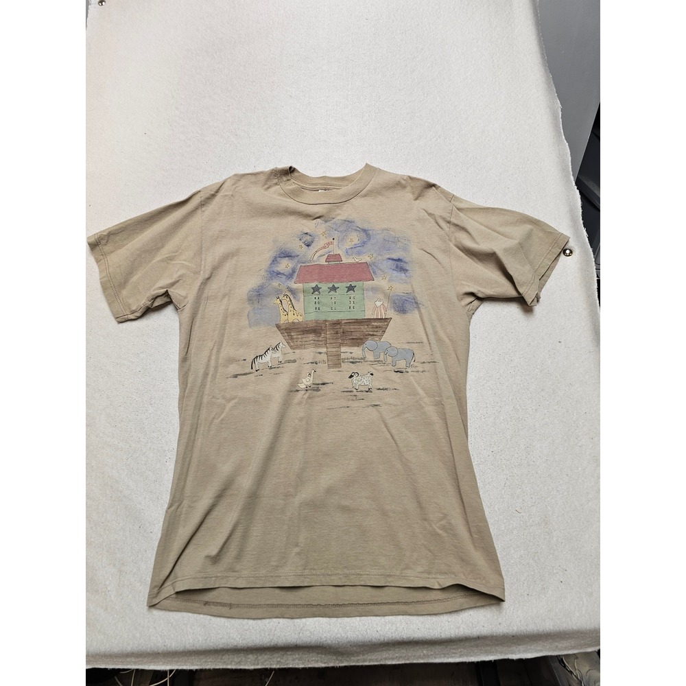Vintage Jerzees Noahs Ark Graphic T-Shirt Tan Large Cotton Single Stitch USA